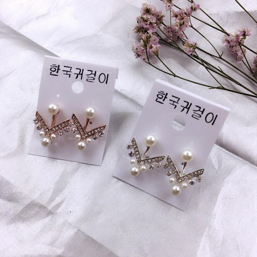 Anting Klip on Tanpa Tindik Bentuk V Hias Kristal Mutiara Gaya Korea Untuk Wanita