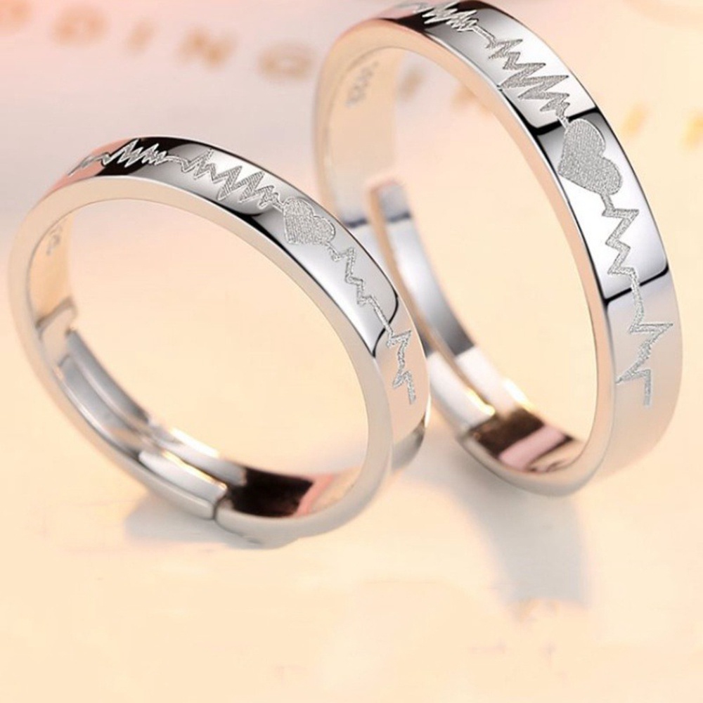 2pcs Cincin Model Terbuka Desain Detak Jantung Electrocardiogram Gaya Korea Untuk Pria Dan Wanita