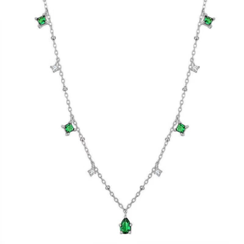 Kalung Rantai Alloy Dengan Liontin Batu Zricon Hijau Imitasi Untuk Wanita