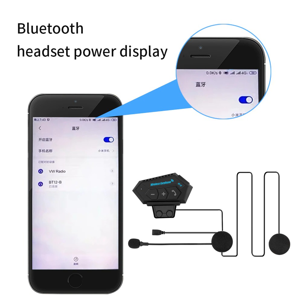 Intercom Headset Bluetooth Helm Motorcycle Wireless Anti Interference - BT-12 - Black