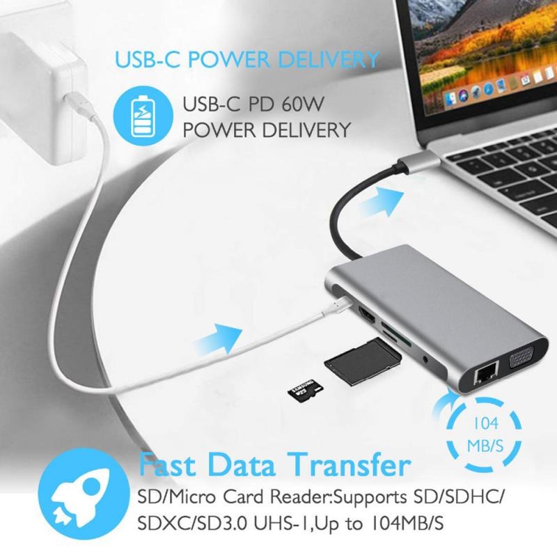 USB Type C Hub 10 in 1 HDMI + VGA + USB 3.0 + RJ45 + Card Reader + PD Charging - HB3004 - Gray
