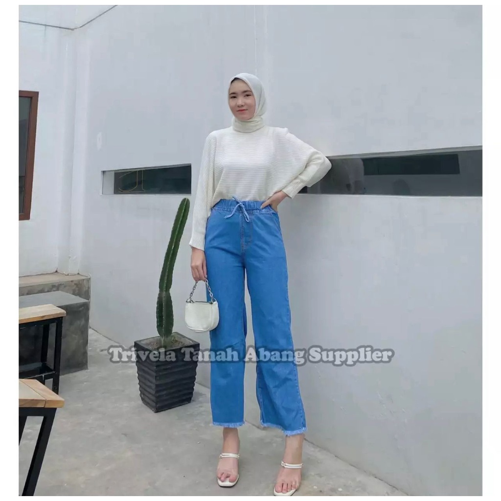 Rubber Cullotes / Celana Kulot Jeans Karet Pinggang Wanita