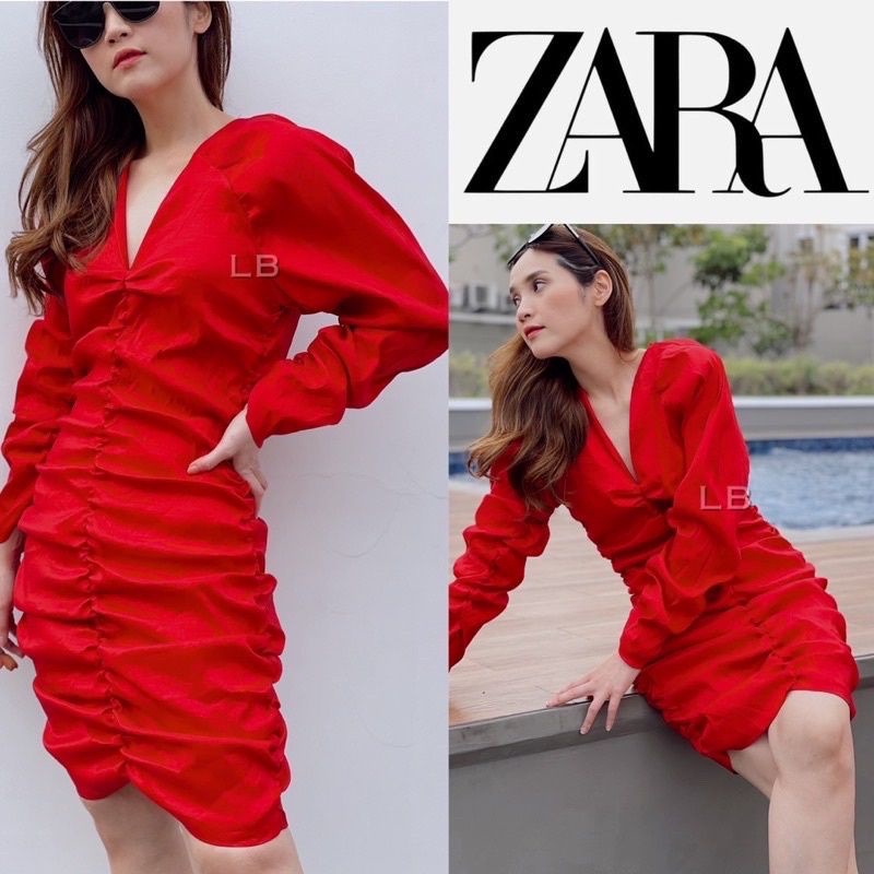 Zara Red Draped  Mini Dress Wanita  Sexy / Glamour Original Branded