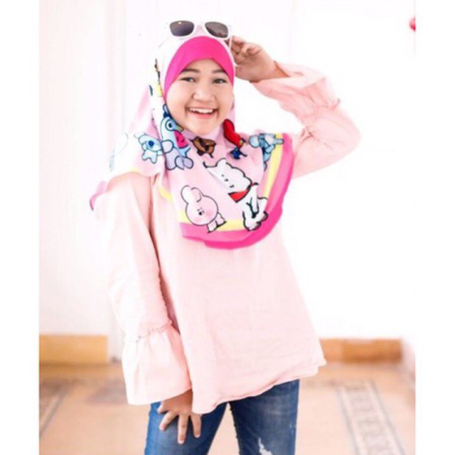 BERGO HIJAB INSTANT PRINTING ANAK MOTIF BT21 / HIJAB ANAK LUCU KARAKTER / JILBAB ANAK KEKINIAN