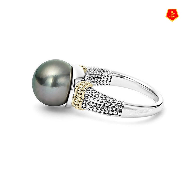 [Ready Stock]Gray Pearl Ring European and American round 925 Silver Engagement Ring