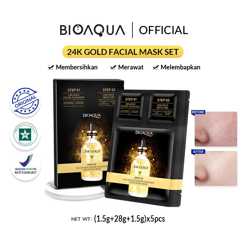 (HITAM GOLD) Masker Wajah Bioaqua Pure Gold 24k Gold Facial Mask Shet NEW