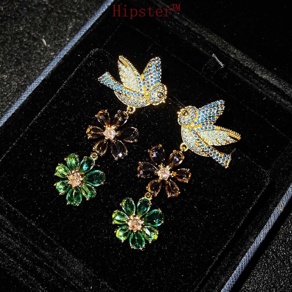 Luxury Vintage Flower Micro-Inlaid Full Diamond Bird Earrings