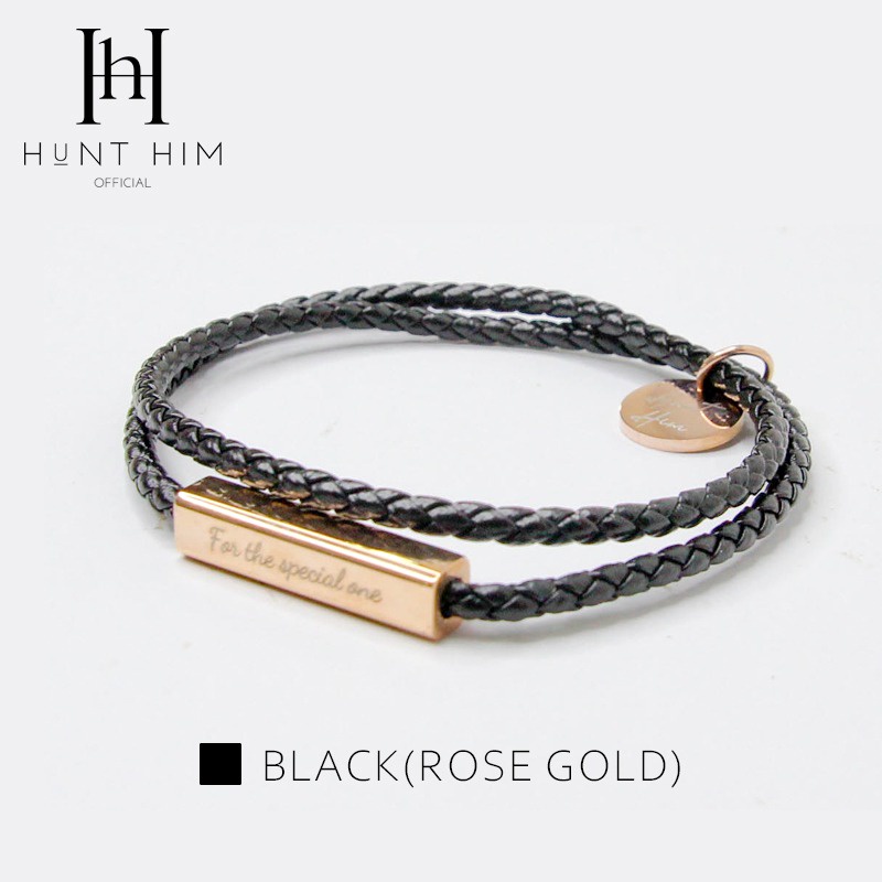 GELANG KULIT HUNT HIM LEATHER TITANIUM BRACELET UNISEX BLACK SILVER