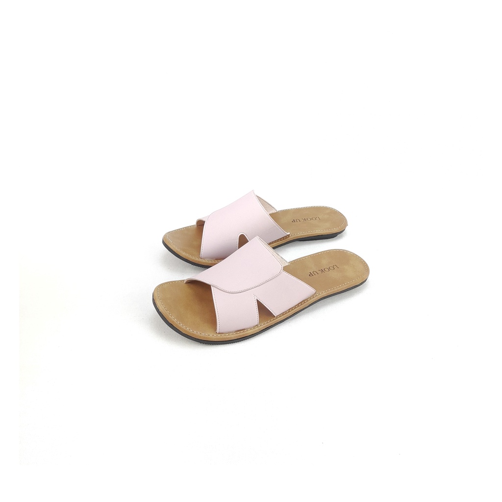 Sandal Wanita Flat Slop Kulit Sintetis Sol Karet Anti Licin Motif Jepit Warna Kekinian - Nara