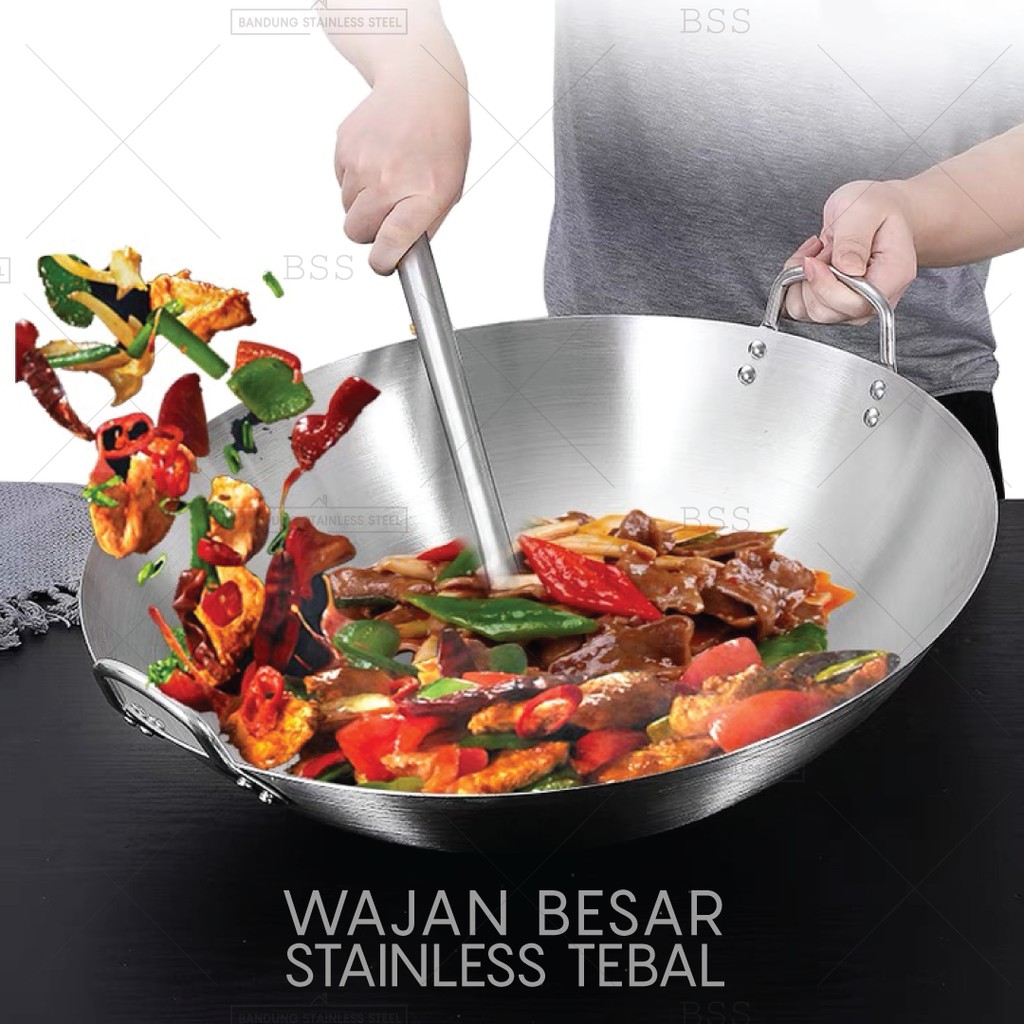 Wajan Besar 43cm 47cm 50cm Penggorengan Stainless Steel Tebal Wok Kuali Goreng