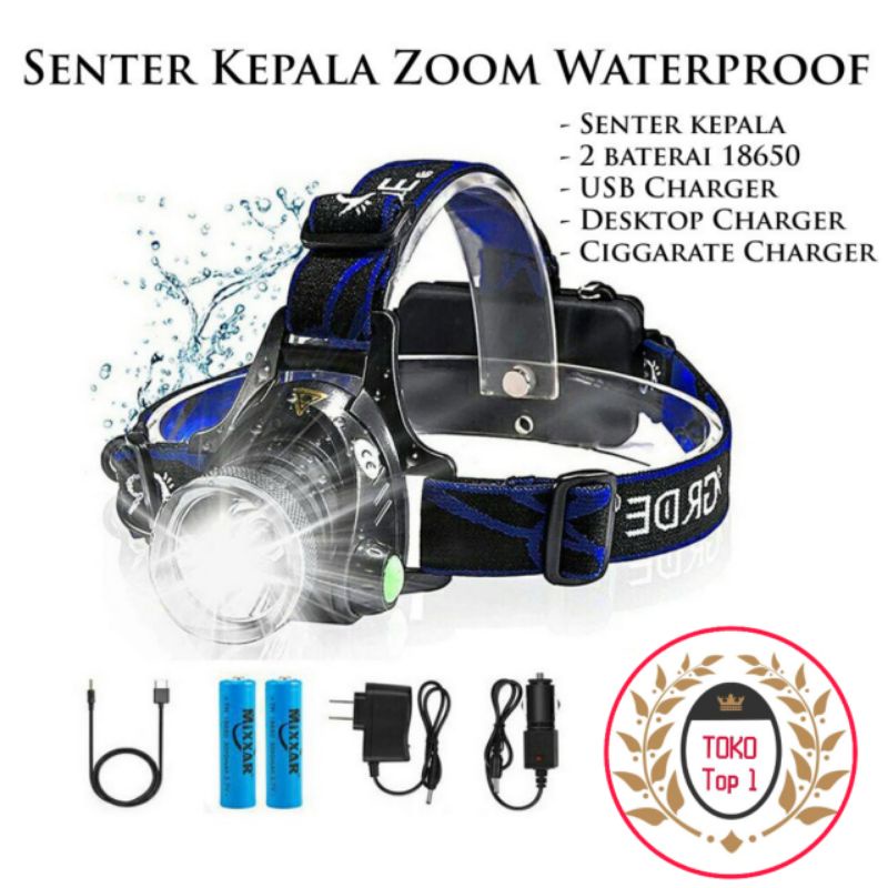 senter kepala T6 led ZOOM  2baterai hight power headlamp hitam