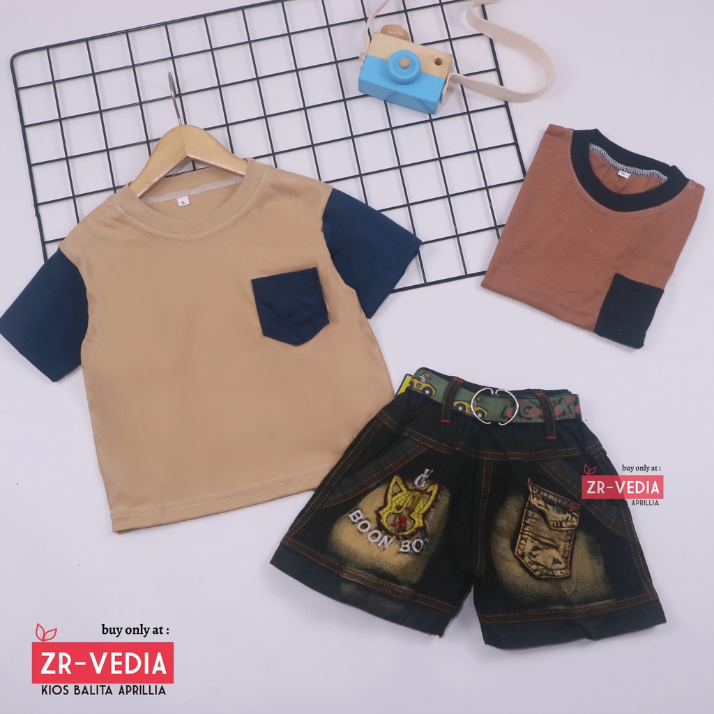 Setelan John Ethes uk 1-2 Tahun /  Set Lengan Pendek Anak Laki-Laki Celana Jeans Kantong Baju Oblong