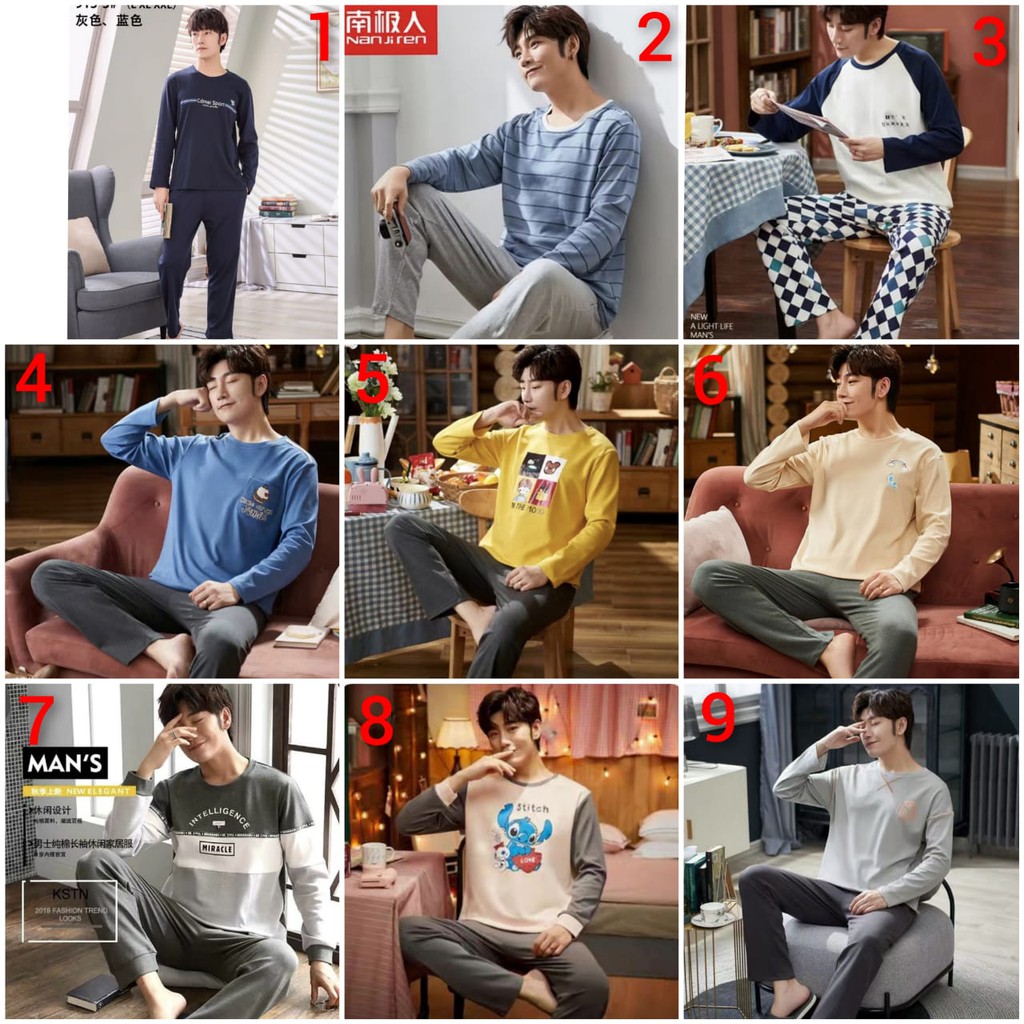 BAJU TIDUR PIYAMA PRIA PP KAOS TEBAL HALUS ADEM IMPORT BERKUALITAS LENGAN PANJANG SETELAN CELANA PANJANG MOTIF TERBARU WARNA GELAP SIZE L-XXXL FIT TO 85KG