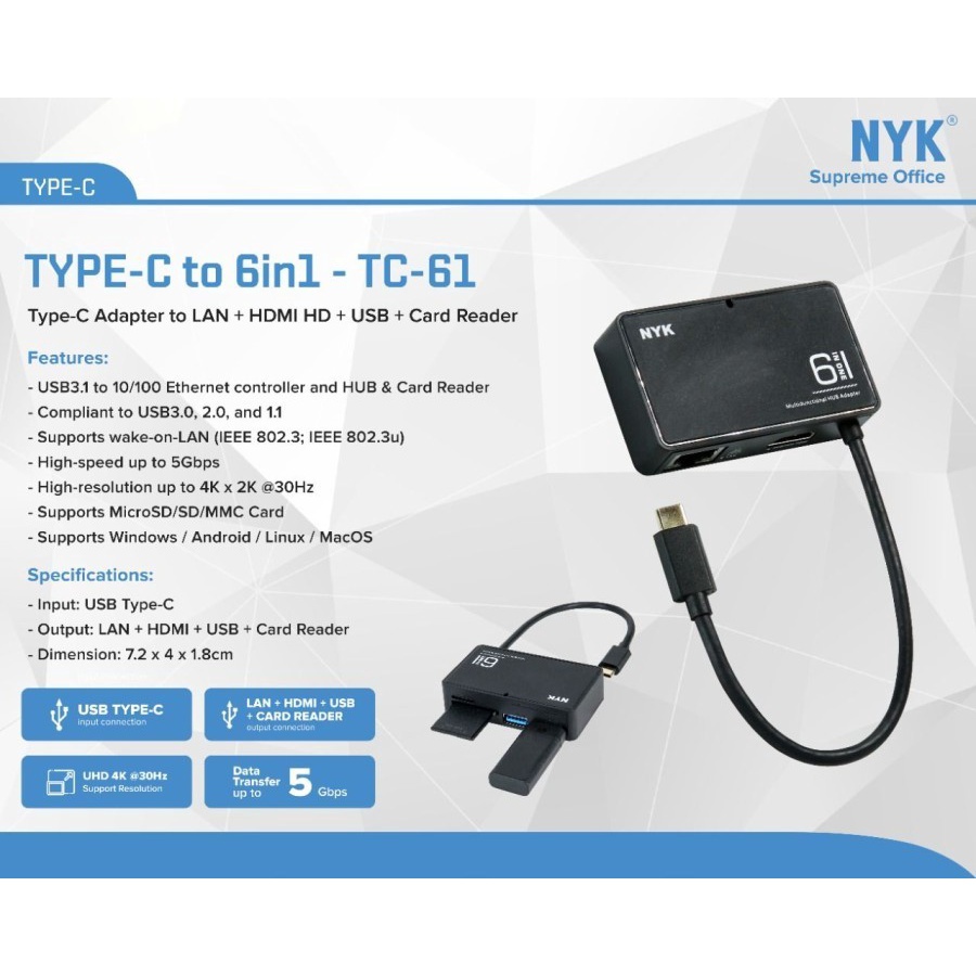 NYK TC-61 Type C To 6 in 1 LAN + HDMI + USB 3.0 2 Port  + Card Reader