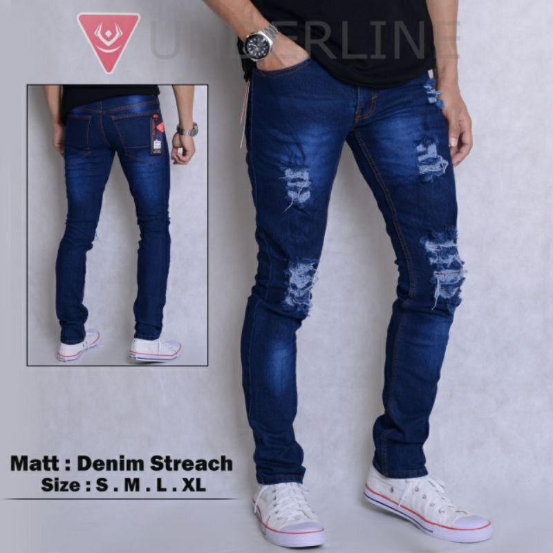 CELANA JEANS SOBEK PRIA RIPPED JINS DENIM STANDAR REGULER BASIC JINS ROBEK 27-38