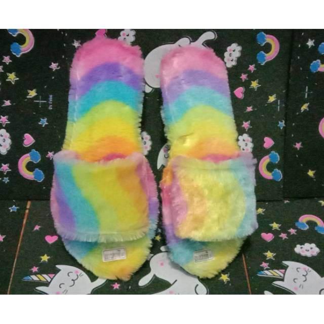 sandal pelangi sandal bulu rainbow sandal rafsur sandal kokop wanita sandal cewek murah