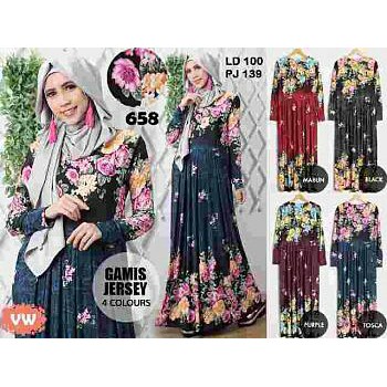 vn 658 Gamis Bunga Bhn Jersey Import Tebal Adem Fit XL / ootd / Gamis Murah / Baju Murah / Foto ORI