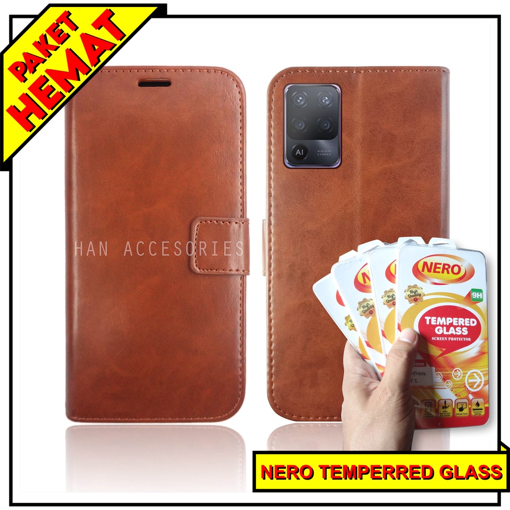 (PAKET HEMAT) Fashion Selular Flip Leather Case OPPO RENO 5F/RENO 4/RENO 4 PRO/RENO 3 PRO/RENO 2/RENO 2F Flip Cover Wallet Case Flip Case + Nero Temperred Glass