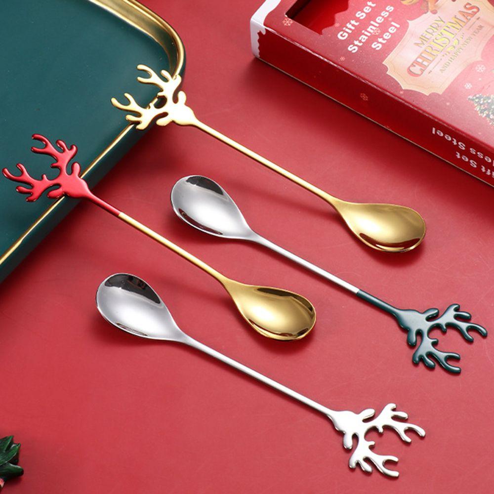 Solighter 2PCS Sendok Natal Desserts Es Krim Stainless Steel Sendok Pengaduk Xmas Tanduk