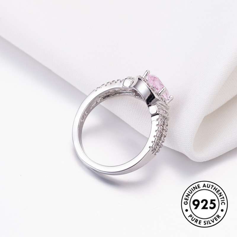 Cincin S925 Silver Bentuk Water Drop Aksen Berlian Warna Pink