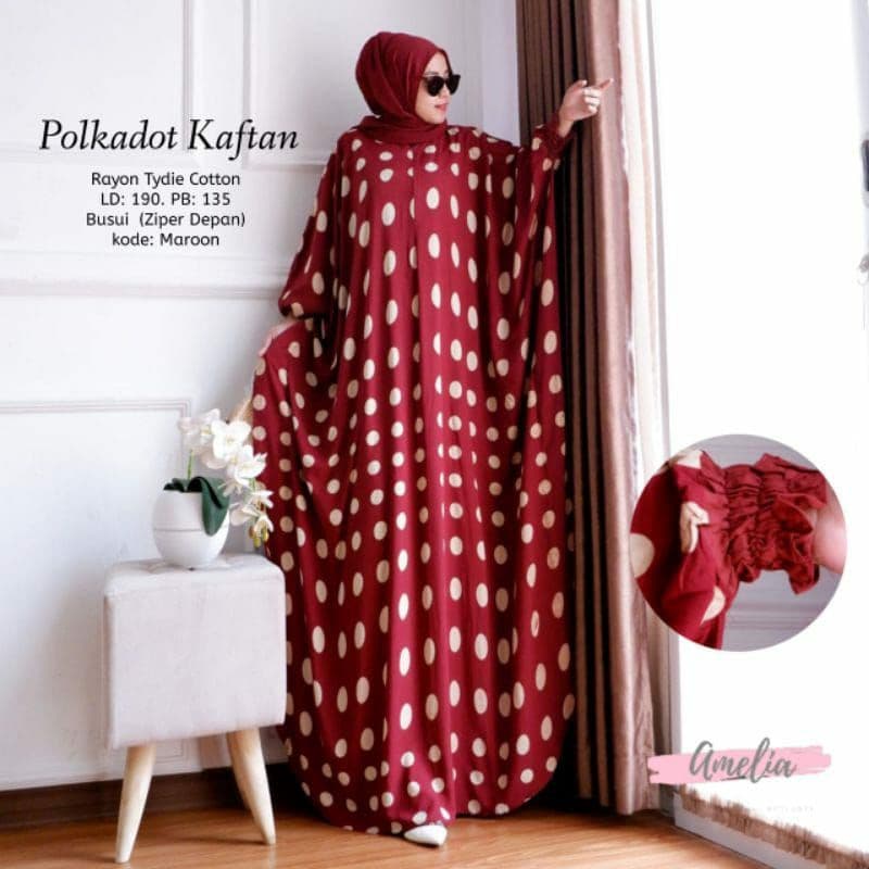 Kaftan Polkadot - Kaftan Wanita Jumbo Katun Rayon Batik Premium Busui Daster Gamis Batik Bigsize  Fashion Muslim Kekinian LD 190 cm