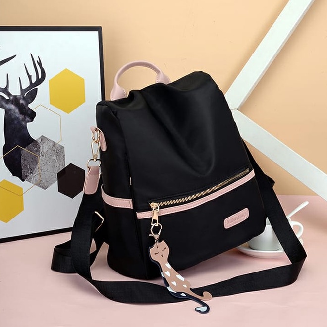 TAS IMPORT RANSEL ANTI AIR BACKPACK WANITA HITAM TA126B5 PINK KUCING MOTIF KOREA KULIAH SEKOLAH KERJ