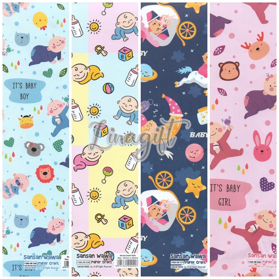 ( 5 Lembar ) BABY SANWA - KERTAS KADO GIFT WRAPPING SANSAN WAWA BABY /  BOY / GIRL /BAYI / LAHIRAN