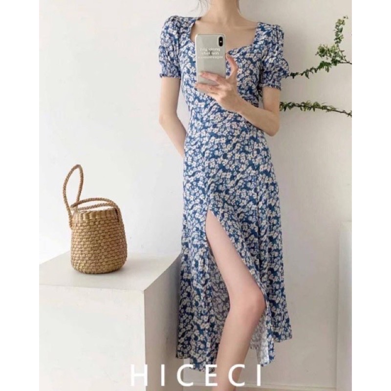 H7 D12 Korean vintage dress / midi dress blue floral