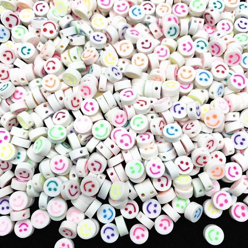 30pcs / lot 10mm Manik-Manik Polymer Clay Motif Smiley Untuk Membuat Perhiasan DIY