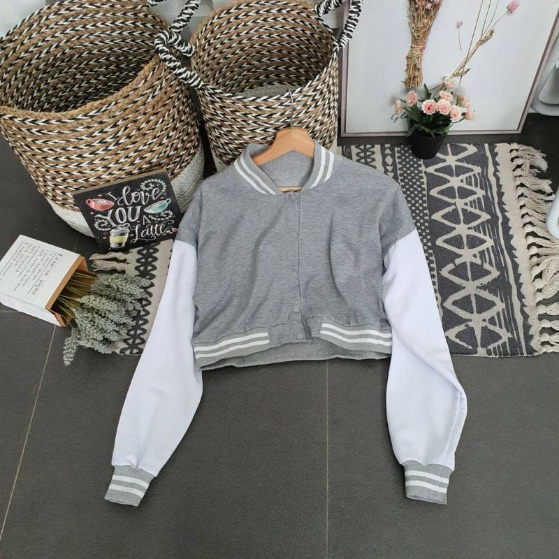jaket baseball crop wanita varsity jaket - jaket korean style - bahan fleece - terlaris-5