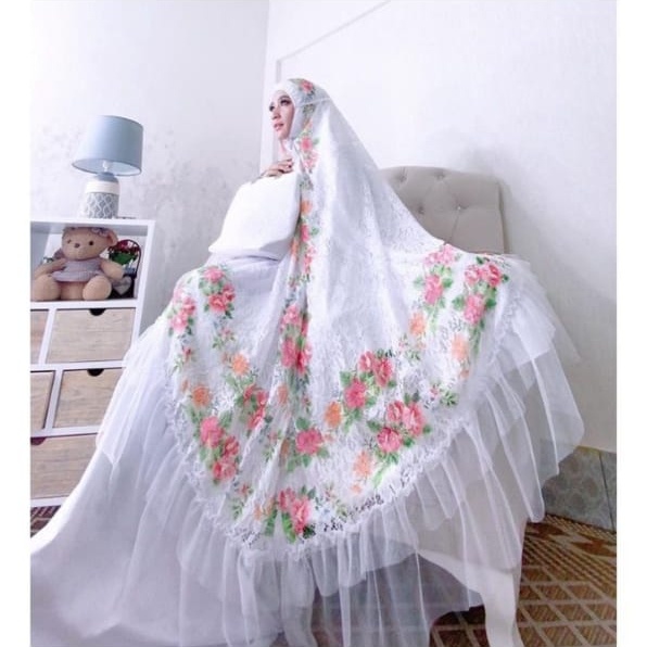 MUKENA BRUKAT PUTIH BUNGA UKURAN SEMI JUMBO TAS BEHEL