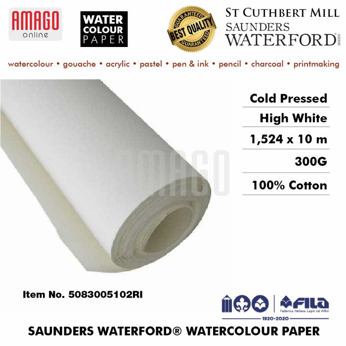 Saunders Waterford Paper Cold Pressed (2 Deckle Edges) Hi White - 300g - 1,524x10m - Roll