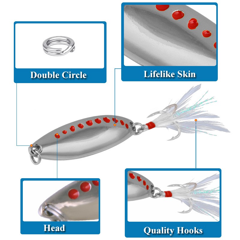 1Pcs Umpan Pancing Spoon Spinner Fishing Lure Bahan Metal 7.5g 10g 15g 20g Dengan Bulu Swimbait Sinking Tackle