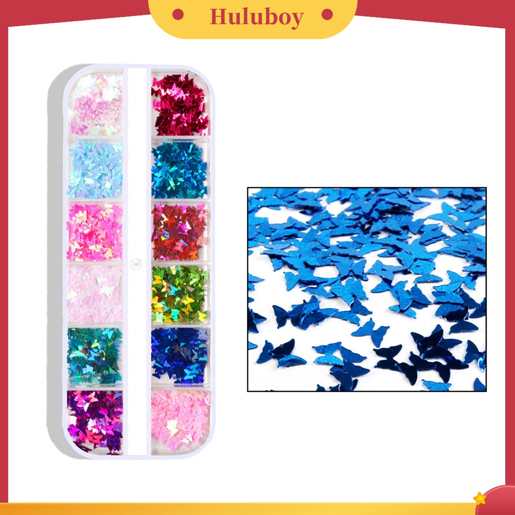 Huluboy Huluboy♡ Stiker Sequin Glitter Kupu-Kupu 12 Warna Untuk Dekorasi Nail Art DIY