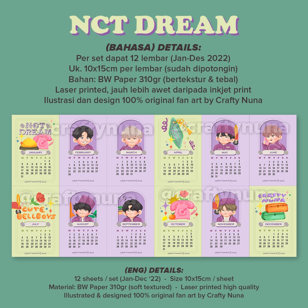 2022 FANART CALENDAR KPOP BTS NCT 127 DREAM season's greetings desk kalender meja dinding wall decor lucu aesthetic deco estetik cute cartoon kartun fanmade