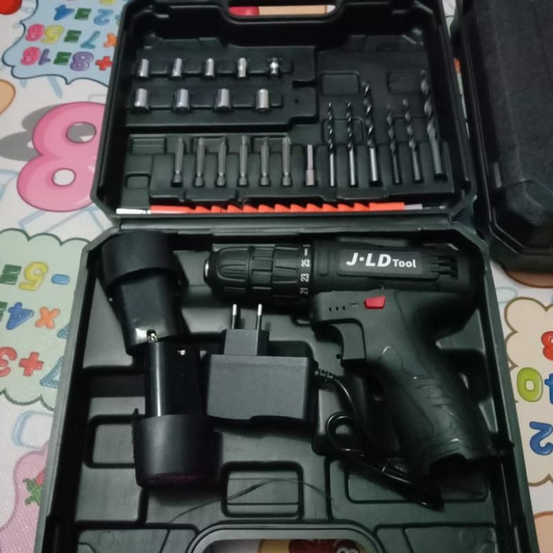 bor edon cordless 12 Volt 2 batre casan lengkap fullset