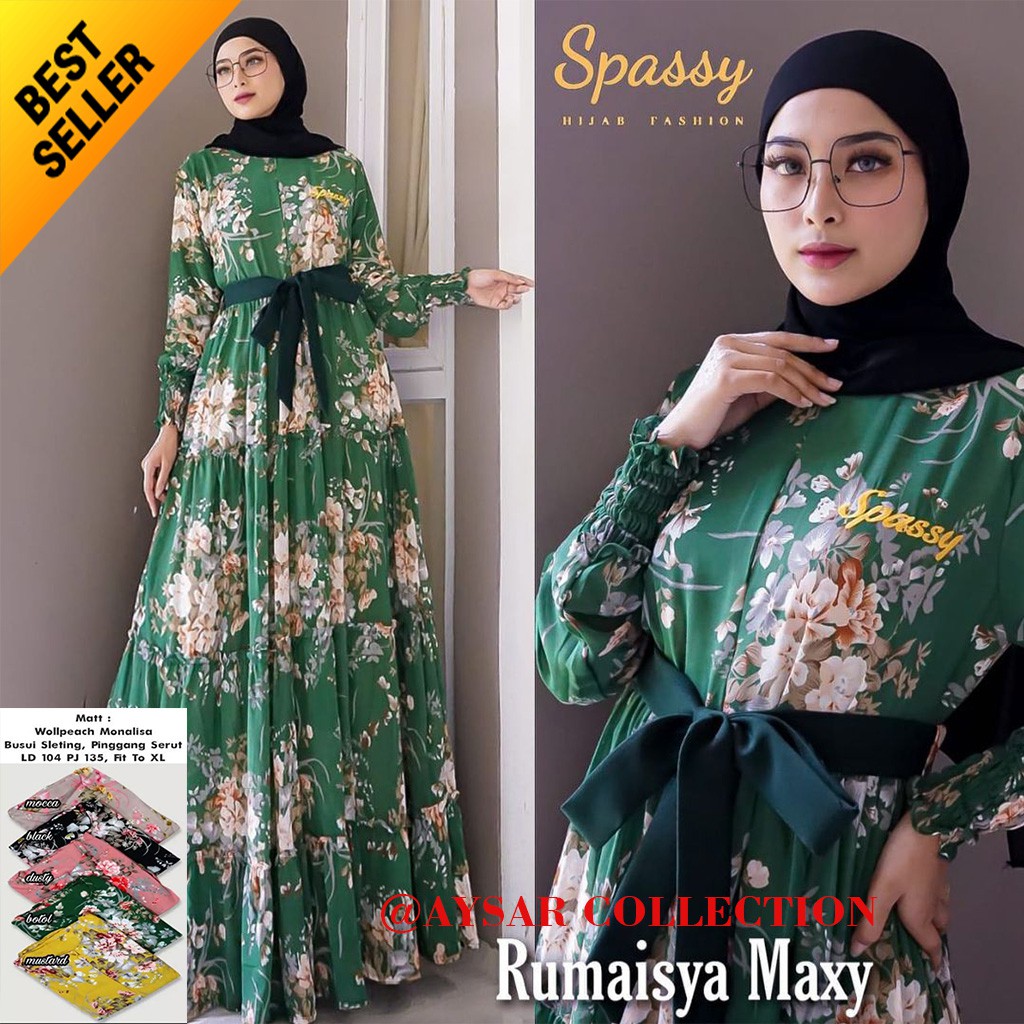GAMIS RUMAISYA MAXY SPASSY TERBARU DRESS MUSLIM WANITA  BAHAN MONALISA PREMIUM  MOTIF BUNGA TERLARIS