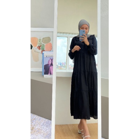 Ameena Midi Dress | midi kerah kriwil | midi 4 susun rempel polos|Larossa official
