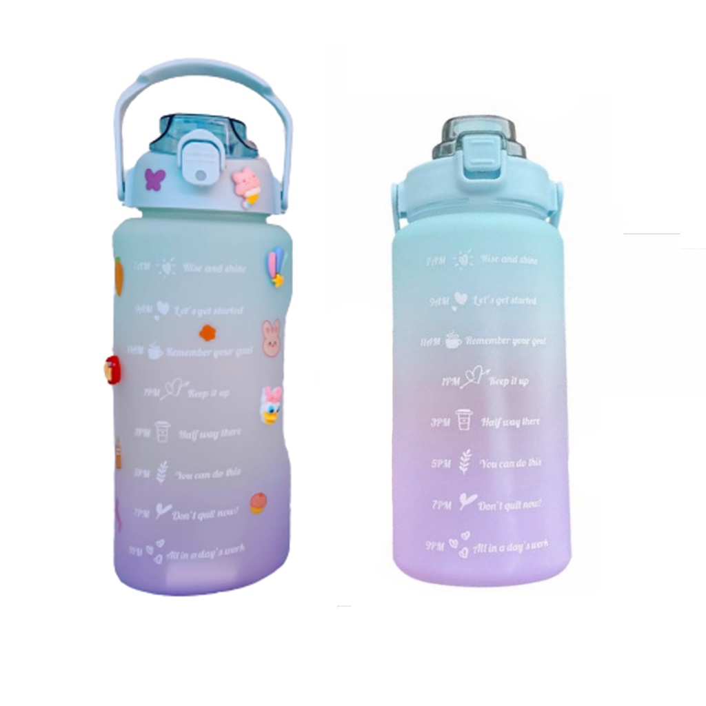 Botol Minum Motivasi 2000ML / Botol Minum Korea Viral Besar Gradasi Pelangi Tritan 2 Liter 64 0z Penanda Waktu Tutup Flip Dengan Sedotan Free Stiker / Tumbler Botol Minum Olahraga Gemoy Kekinian Rainbow Food Grade Bebas BPA Anti Bocor Tahan Lama