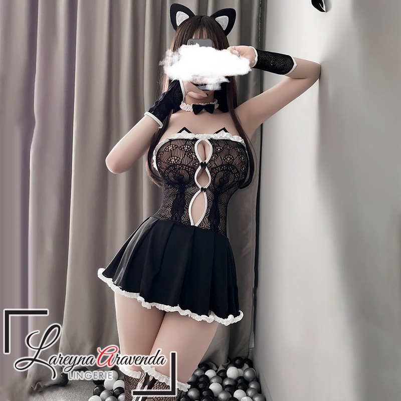 Lareyna Aravenda Set Lingerie Semi Body Stocking Complete Costume Maid Cat LG508