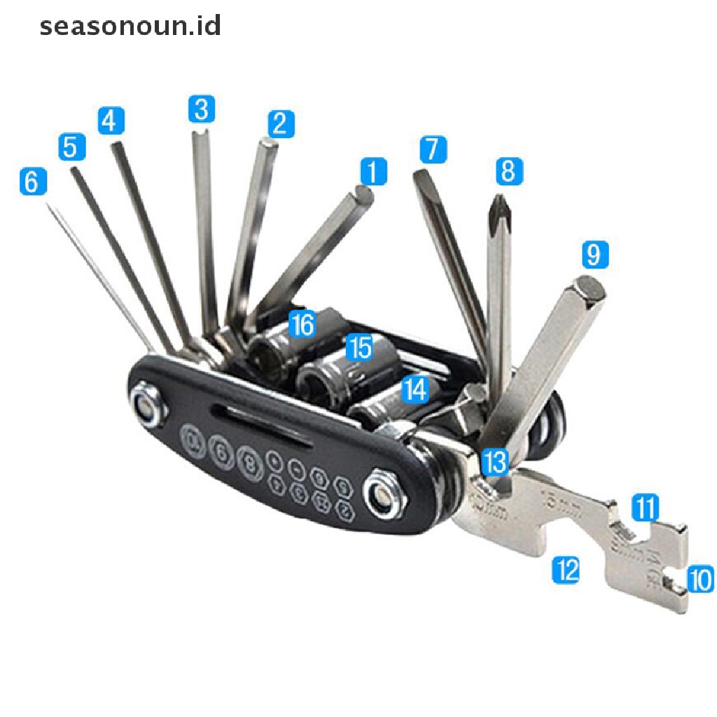 (seasonoun) Set Alat Reparasi Sepeda Mini 16 In 1 Multifungsi Universal