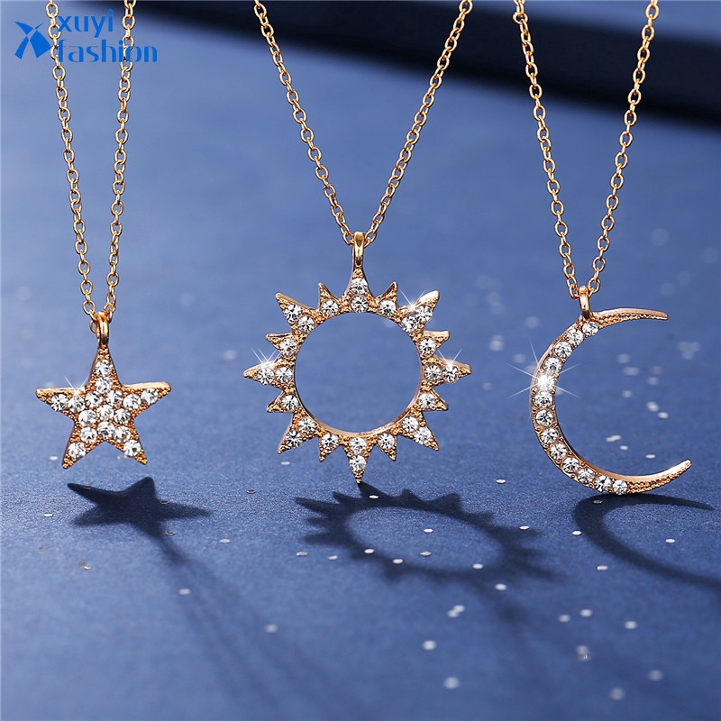 Fashion Galaxy Series Necklace Women Star Moon Sun Gold Dangle Necklaces Earrings Set Gifts Jewelry