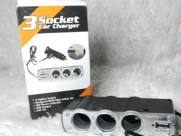 Charger splitter mobil 3 soket lighter plus usb port - LIGHTER CABANG