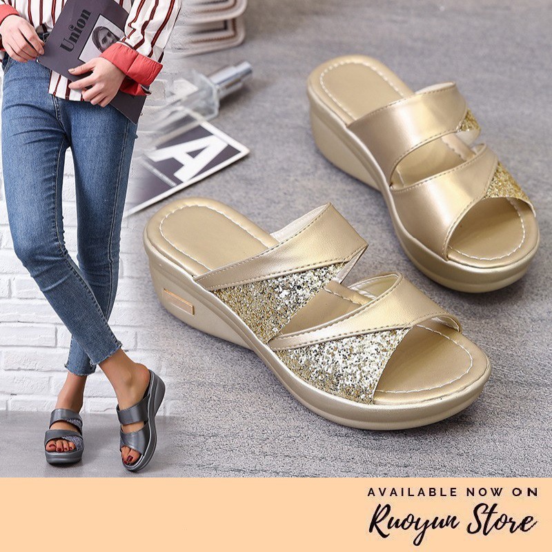 RYS - Glitter Smooth Sandal Wedges Wanita Casual -  Ori Import