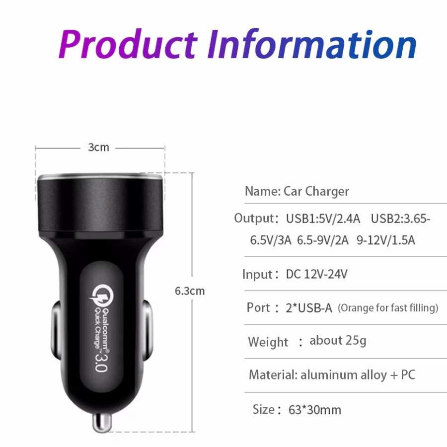 Car Charger Dual USB Port Fast Charging QC 3.0 2.4A - LE001 - Black