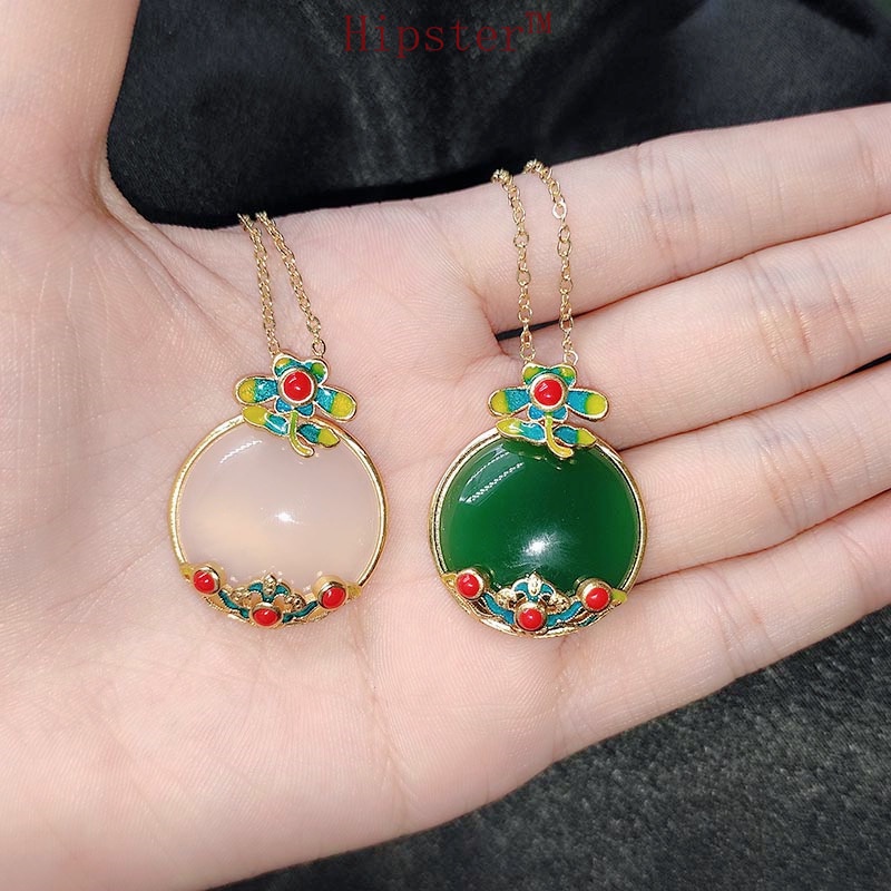 Gold Inlaid with Jade Craft Necklace Pendant for Women