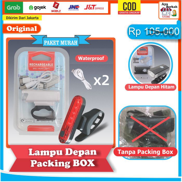 Paket 2in1 Lampu Sepeda LED Light Depan dan Belakang Rechargeable Charger Waterproof Murah JAKARTA