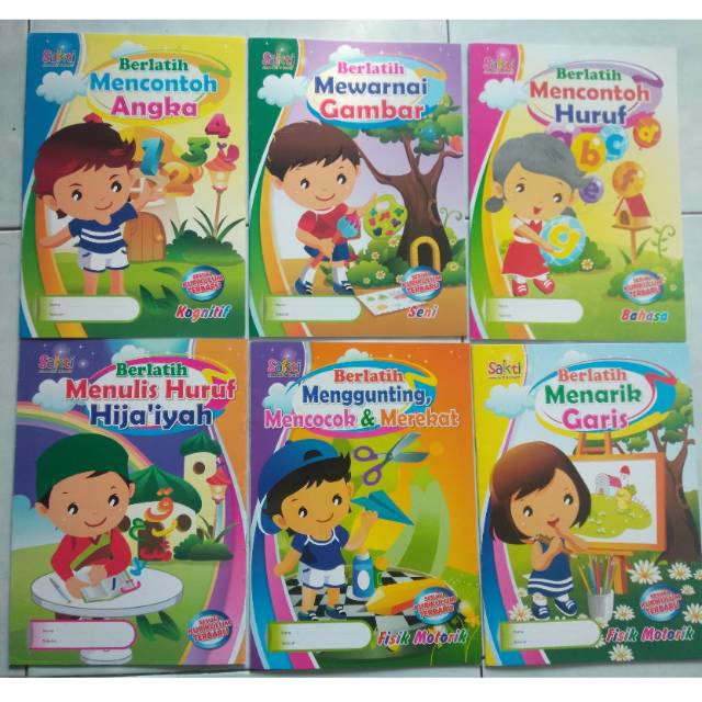 Paket Buku TK A Isi 6 (Angka,Huruf, Mewarnai,Hijaiyah, Manarik Garis, Menempel)