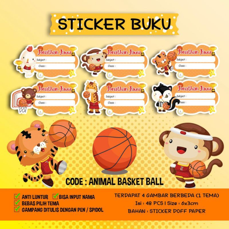 

Sticker / Stiker Buku Custom Nama Tema ANIMAL BASKET BALL / BOLA BASKET