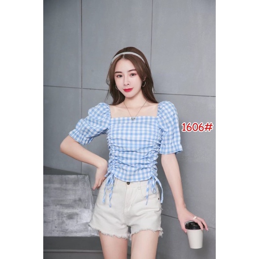 crop top impor fashion korea motif kotak